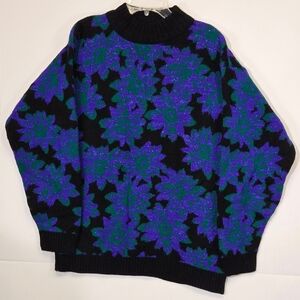 Spunky Vintage 90s Purple Floral Sparkle Mock Neck Knit Sweater sz M